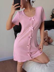 Dream Adore 梦幻浪漫可爱蝴蝶结装饰针织圆领荷叶边短袖睡裙 - 粉色 - 查看 3