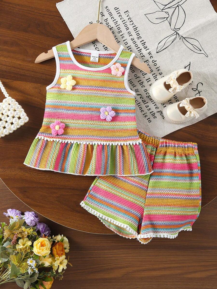 SHEIN Vintaside Kids 2件套女婴花卉彩虹条纹针织无袖上衣,带波点荷叶边 + 舒适阔腿短裤,夏季 - 黃色 - 查看 1