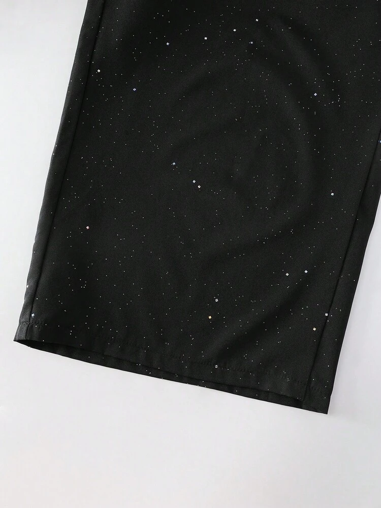 SHEIN PETITE Pantalones rectos de mujer de talla pequeña tejidos con motas metálicas - Negro - Añade 3