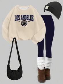 SHEIN EZwear Bộ 2 áo nỉ cổ tròn rộng rãi và quần legging bó cho nữ, in họa tiết Los Angeles, phù hợp cho mùa thu/đông - Nhiều màu - Xem 6