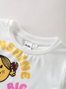 Mr Men Little Miss X SHEIN Camiseta de manga corta con cuello redondo y estampado de letras y dibujos animados para niña - Blanco - Ver 3