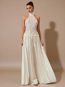 SHEIN BAE Váy dài hở lưng, hở vai, chất liệu satin, ren mơ gợi cảm, thanh lịch, sang trọng, dự tiệc cocktail - Màu be - Xem 6