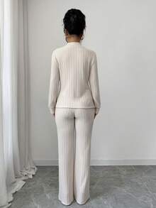 SHEIN PETITE Women's Stand Collar Ribbed Split Design Long Sleeve Top And Wide Leg Pants Casual Vacation Outfit, Autumn/Winter - Apricot - View 2