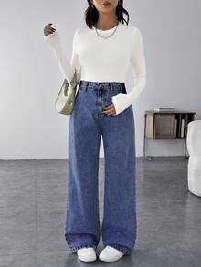 SHEIN Maternity Casual Loose Wide-Leg Blue Jeans Women Jeans Baggy Jeans Casual Loose Wide Leg Pants Blue Thanksgiving Women Wide Waist - Medium Wash - View 4