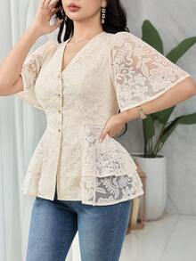 Feyla Áo kiểu nữ cổ chữ V phối ren, cài một hàng khuy, viền bèo nhún, thời trang, đa năng, tay ngắn, thích hợp cho kỳ nghỉ. - Màu be - Xem 4
