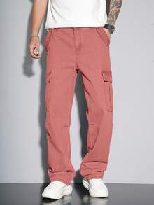 Claim Dot Loose Fit Men's Flap Pocket Side Cargo Jeans Men Cargos Pants - Pink - View 5