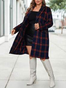 SHEIN LUNE 大码休闲格纹翻领单排扣羊毛混纺外套，日常穿着，圣诞节必备单品，日常休闲，秋季流行格纹大衣，凸显曲线，乡村休闲粉色圣诞冬季女装，冬季外套，女士假日保暖套装