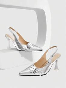 CUCCOO SZL Women's Fashion Sexy Commuter Silver Buckle Pointed Toe Pumps For Christmas - Silver - View 2
