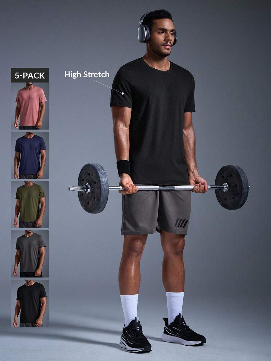 DRIFTMERE 5Pcs/Set Men's Casual Solid Color Slim Fit Round Neck Short Sleeve T-Shirts, Summer Tee, Gym Spring To Summer, Men Quick Dry And Seamless T-Shirt, For Gym And Fitness, Athleisure Style, Sporty Fashion