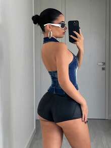 Jeanoix Y2K 时尚拉链刺绣水洗牛仔翻领露背上衣 - 深色水洗藍 - 查看 7