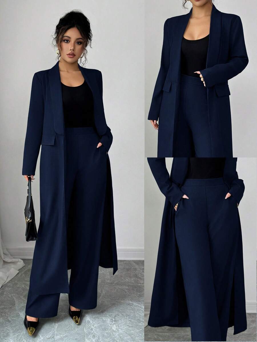 Elenzga 两件套：女士优雅翻领长袖长款外套搭配直筒裤两件套，精致优雅，适合办公室、通勤、街头风、法式浪漫、休闲、中东复古、下午茶、派对、感恩节、返校季、秋冬季等场合。 - 藏蓝色 - 查看 1
