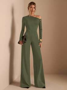 SHEIN BAE Bộ jumpsuit dài tay màu đen trơn, thanh lịch, kiểu dáng bất đối xứng vai, trang trí khóa kim loại, ống rộng, thích hợp mặc hàng ngày, hẹn hò, dự tiệc, kiểu dáng layering sang trọng cho nữ, jumpsuit bất đối xứng, jumpsuit ống rộng, jumpsuit ngày Valentine, jumpsuit thường ngày, jumpsuit duyên dáng. - xanh quân đội - Xem 3
