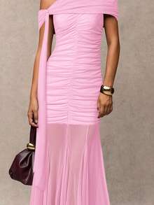 SHEIN BAE Women's Solid Color Off-Shoulder Ruched Tie Design Mesh Patchwork Elegant Cinched Waist Dress For Party - Baby Pink - View 7