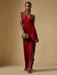 Briarwyn 女士露肩吊带黑色蕾丝拼接高开衩连衣裙 - 紅色 - 查看 7