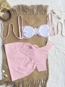 Swim Vcay Bộ bikini 3 mảnh màu vàng kem, chất liệu vải dệt họa tiết hoa, hở lưng, buộc dây, gợi cảm, ngọt ngào, giản dị dành cho nữ, thích hợp cho bãi biển và kỳ nghỉ. - Hồng - Xem 2