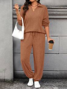 Calvaya Conjunto informal de 2 piezas de camiseta de manga larga con hombros caídos y pantalones de unicolor para mujer de talla grande - Mostaza Amarilla - Ver 5