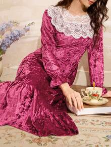 Côtesoire 法式优雅蕾丝天鹅绒拼接宽松腰身长款连衣裙，秋冬季迷人女士睡袍 - 酒紅色 - 查看 5