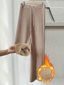 Xyvia Women's Loose Drawstring Sweatpants, Ribbed Knit Casual Home Pants With Thermal Lining, Autumn/Winter - Khaki - View 4
