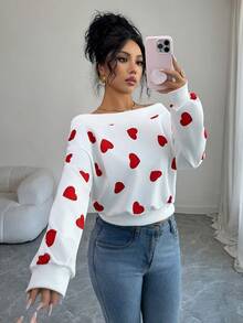 SHEIN Elenzya 优雅浪漫通勤情人节白色底红色爱心露肩卫衣 - 紅白色 - 查看 3
