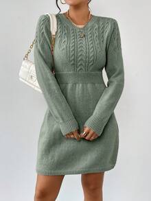 EMERY ROSE Đầm len chui đầu màu trơn, cổ chữ V, vai thẳng, tay dài, eo ôm, dệt kim kiểu cáp, thoải mái. - Màu xanh Ô liu - Xem 5