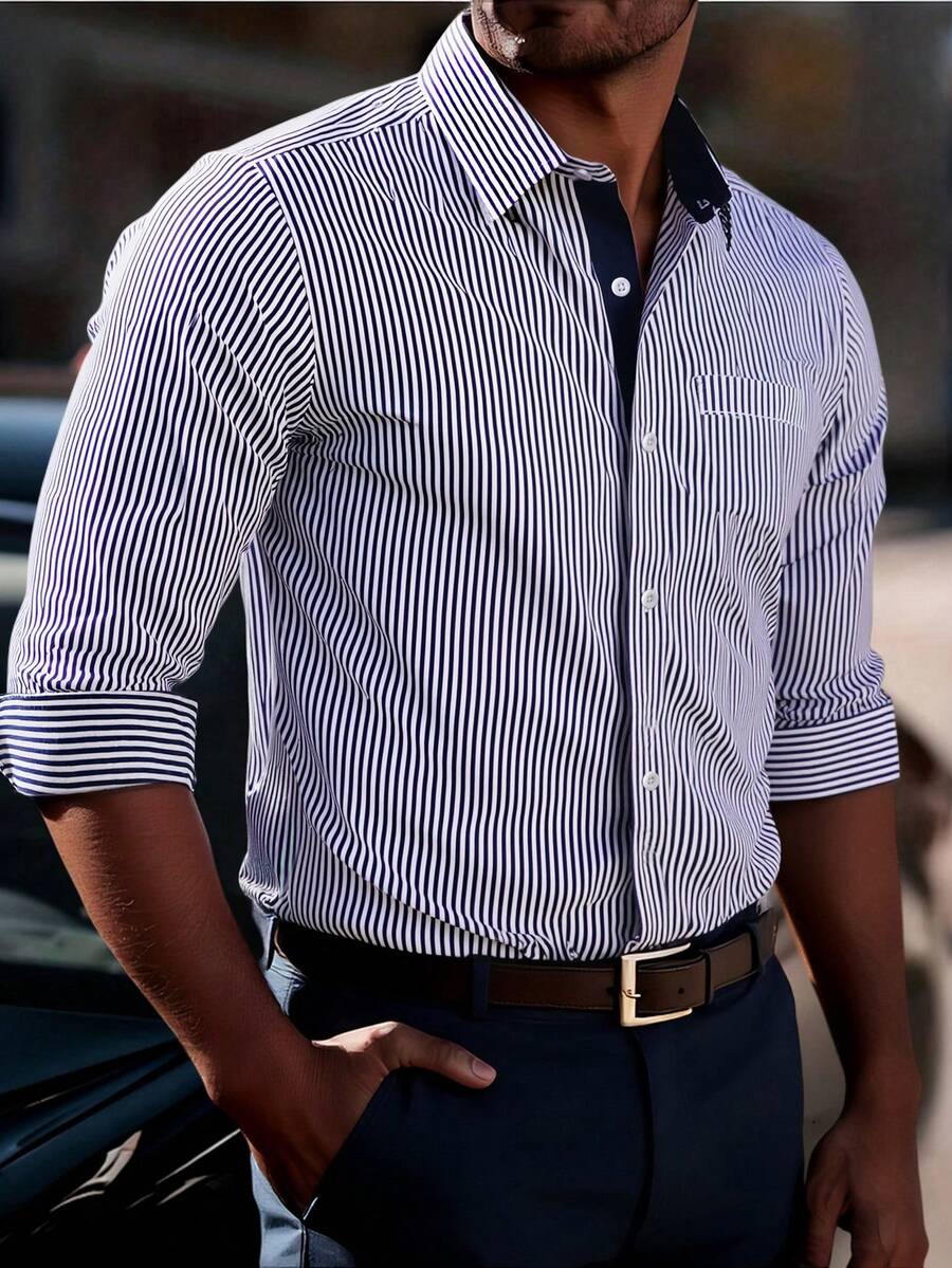 Manfinity Mode 男士时尚休闲条纹单排扣长袖衬衫 - 彩色 - 查看 1