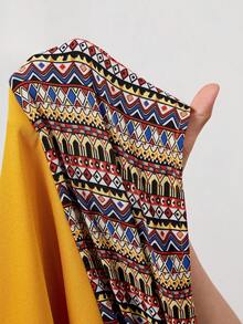 SHEIN 少女款拼接条纹印花缎带流苏七分袖收腰连衣裙，适合旅行、度假、乡村风、休闲度假、波西米亚风，黄色连衣裙 - 黃色 - 查看 13
