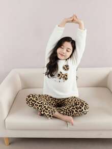 女童珊瑚绒睡衣，卡通可爱猫咪印花，长袖，厚实舒适，适合学生、居家穿着或外穿，秋冬季款 - 白色 - 查看 3