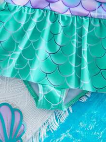 SHEIN Traje de baño de tirantes con bloques de color y lazo de punto con estampado de sirena casual de verano para niña bebé - Morado - Ver 7