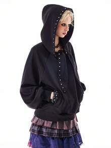 Bloopia Women's Woven Long Sleeve Regular Sweatshirt With Rabbit Ear Rivet Design, Loose, Fashion, Versatile, Cute Sweatshirt