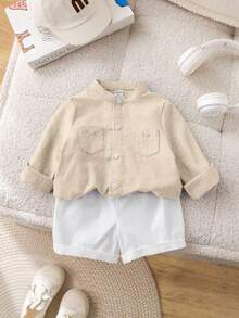 Bubblio Bộ 2 áo sơ mi dài tay cổ tròn phong cách đô thị giản dị cho bé trai và quần short cạp chun, thích hợp cho tiệc sinh nhật, tiệc tối, biểu diễn, đám cưới, tiệc chào đón em bé, tiệc mừng sinh nhật lần thứ 1 - Màu be - Xem 8