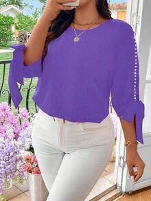 EMERY ROSE Áo kiểu nữ cỡ lớn, chất liệu dệt trơn, trễ vai, thắt nơ ngọc trai, thanh lịch, thường ngày. - Màu tím - Xem 4