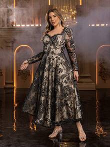 Aureia 大码优雅简约黑色心形领长袖薄纱奢华串珠撞色蕾丝A字型正式礼服（重工装饰设计）