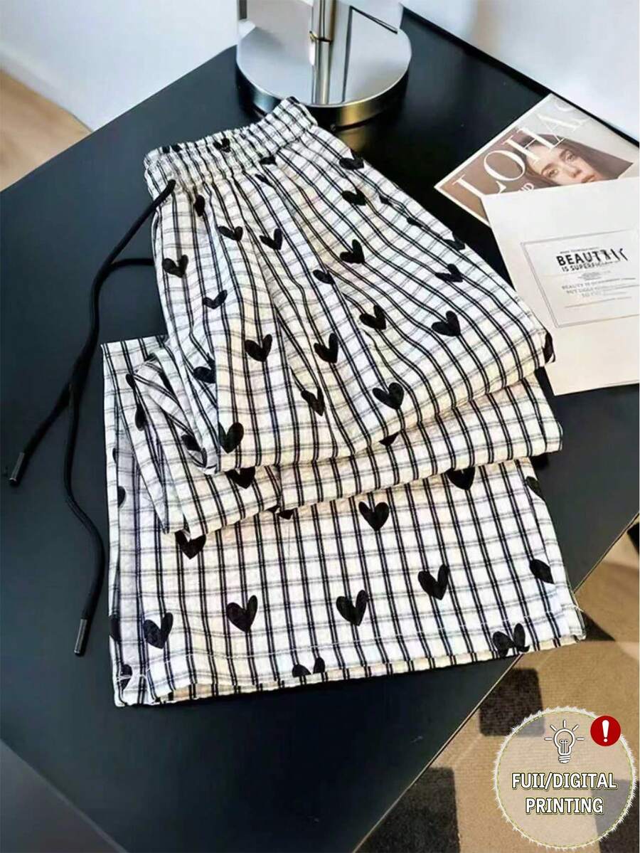 Resyla 女士休闲通勤格子爱心印花抽绳腰宽松阔腿裤 - 彩色 - 查看 1