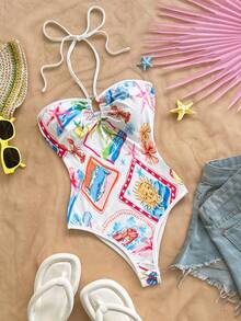 Soleia Women's Sexy Beach Vacation Style Ocean Creature Print Twist Front Halter Romper - Multicolor - View 1