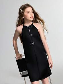 Maija Kids Maija Kids Tween Girl Woven Black Rhinestone Bow Decor Casual Cute Dress - Black - View 5