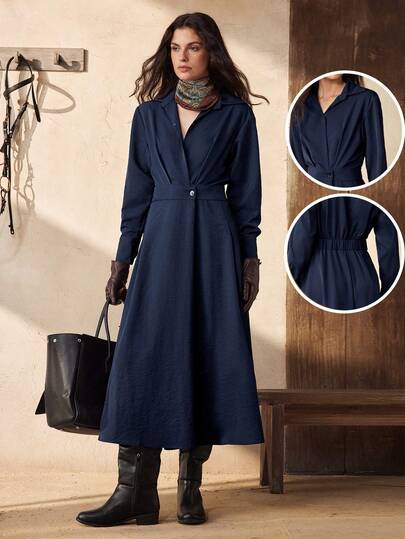 Zovinel Minimalist Spring New Turndown Collar Waist Shirt Dress Pleated Long Dress High-End Shirt Dress Commuting Casual Draping Refined