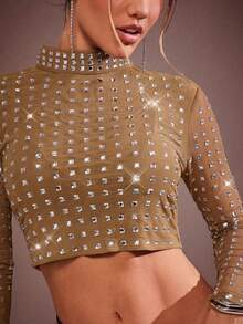 Hauture Going Out Rhinestone Embellished Long Sleeve T-Shirts - Camel - View 6