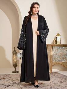 Al Najma Plus Size Women Elegant Rhinestone Embellished Flare Sleeve Abaya Abayas Dubai Luxury Black Abaya - Black - View 5