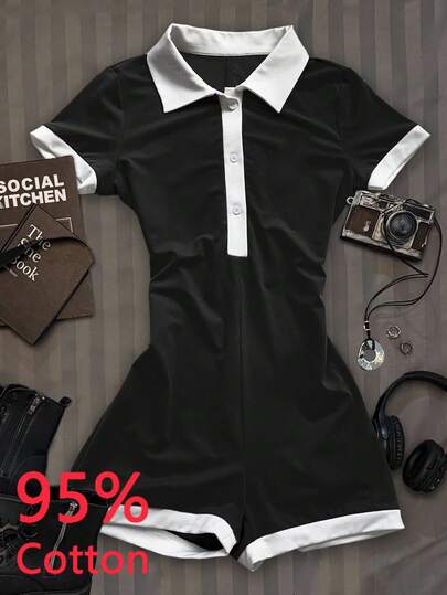 Attitoon جمبسوت نسائية قصيرة ضيقة بألوان متباينة، كاجوال، 95% قطن