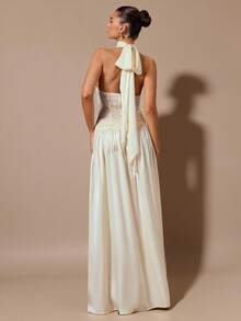 SHEIN BAE Váy dài hở lưng, hở vai, chất liệu satin, ren mơ gợi cảm, thanh lịch, sang trọng, dự tiệc cocktail - Màu be - Xem 2