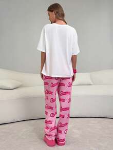Mr Men Little Miss X SHEIN Cartoon Print Short Sleeve Top And Letter Graphic Long Pants Lounge Set - Multicolor - View 2