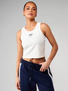 MISSGUIDED Ribbed White Tank Top With Navy Chest Logo Print Sleeveless Casual Summer Basic Essential Fitted Style