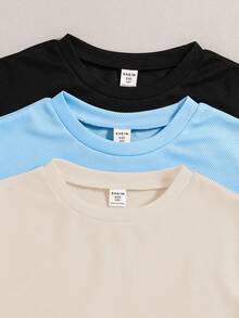 SHEIN 3 件套男童圆领短袖 T 恤，徽标装饰，春夏 - 藍色 - 查看 5