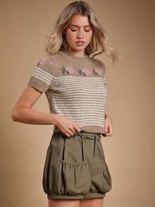 WESTFADE Áo len dệt kim cổ tròn tay ngắn phồng dáng rộng thoải mái họa tiết hoa sọc, thích hợp mặc mùa thu, đông, phong cách boho, miền Tây, đồng quê, đi xem hòa nhạc. - Cà phê nâu - Xem 5