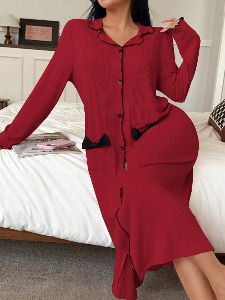 Robe d'intérieur pour femme avec décoration de nœud côtelé brossé - Rouge foncé - Voir 6