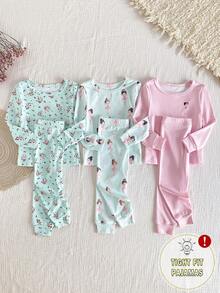 SHEIN Vintaside Kids 6pcs/Set Baby Girls' Snug Fit Pajama Sets,Pink And Blue,Autumn,Cute,Lounge Floral Print Long Sleeve 3 Sets Of Homewear Outfits Tight Fit Pajama,Soft - Multicolor - View 3