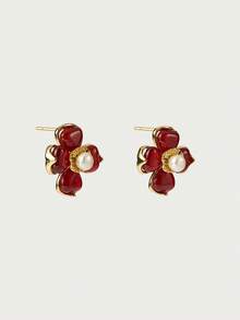 Glisma Boucles d'oreilles créoles pour femmes 18 K, tenues, gothique/goth, vieux argent, perles, bijoux western, métallique/texture, pierre précieuse, automne/hiver, pour maman/femme/fille/mère, premium, vintage, croix - Rouge - Voir 4