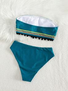 Swim Vcay 两件套女士夏季沙滩装，包括无肩带带垫上衣和波西米亚风比基尼泳裤，适合节日波西米亚风穿着。 - 水鴨藍 - 查看 2