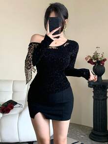 DAZY Women's Black Leopard Print Lace-Up Asymmetric Shoulder Long Sleeve Fitted Cropped Undershirt Top Going Out Tops Women - Black - View 9