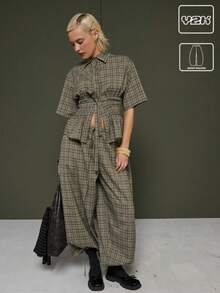 COUREZ Low Rise Baggy Balloon Trousers With Elasticated Waistband And Adjustable Hem Ties In Check /Y2K Winter Clothes For Women Going Out Outfits Summer Outfits For Women Streetwear Baggy Pants Pants For Women - Green - View 1